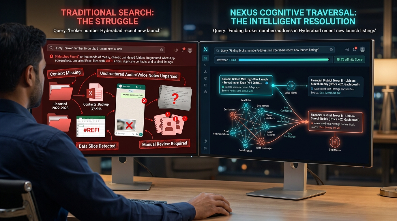 Traditional Search vs. NEXUS Cognitive Traversal workstation comparison observed by Mr. R. Ramalingam